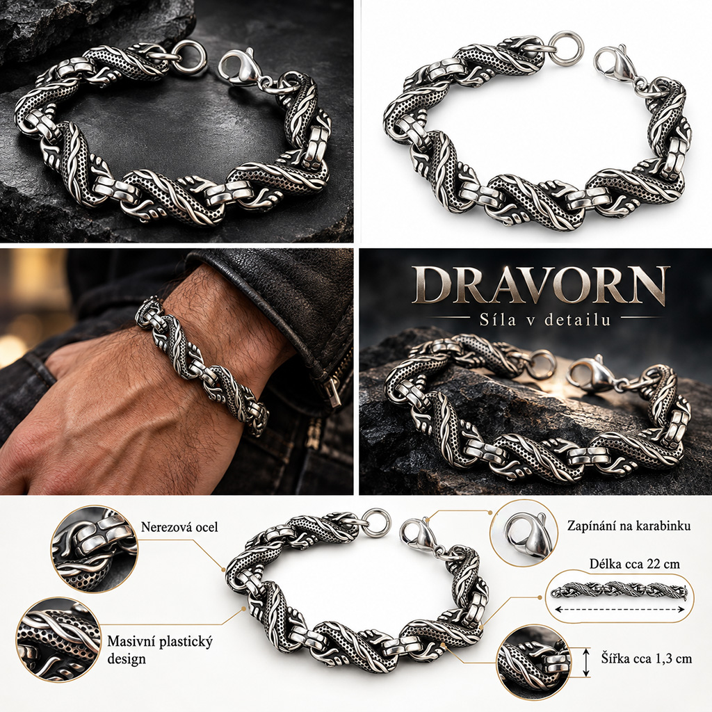 Dravorn – masivní pánský ocelový náramek s dračím designem (1)
